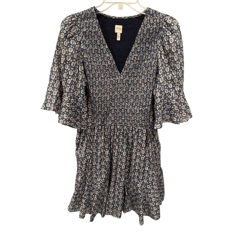 La Vie Rebecca Taylor Dress Navy Floral Smocked V-Neck Flutter Sleeve Mini